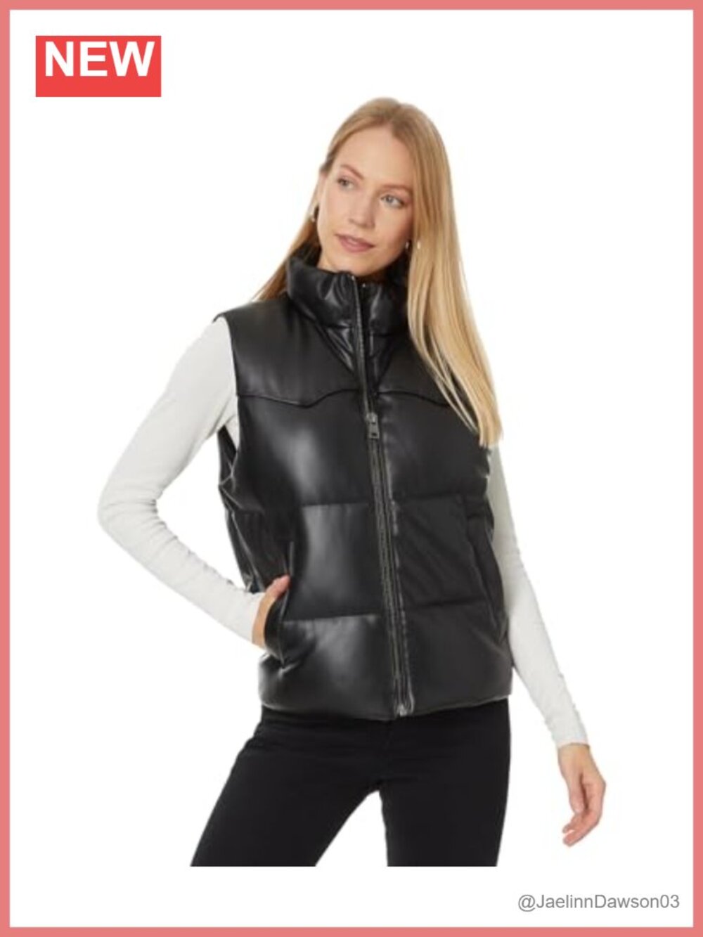 Quilted Puffer Vest Faux Leather Western Style Sleeveless Zip Up